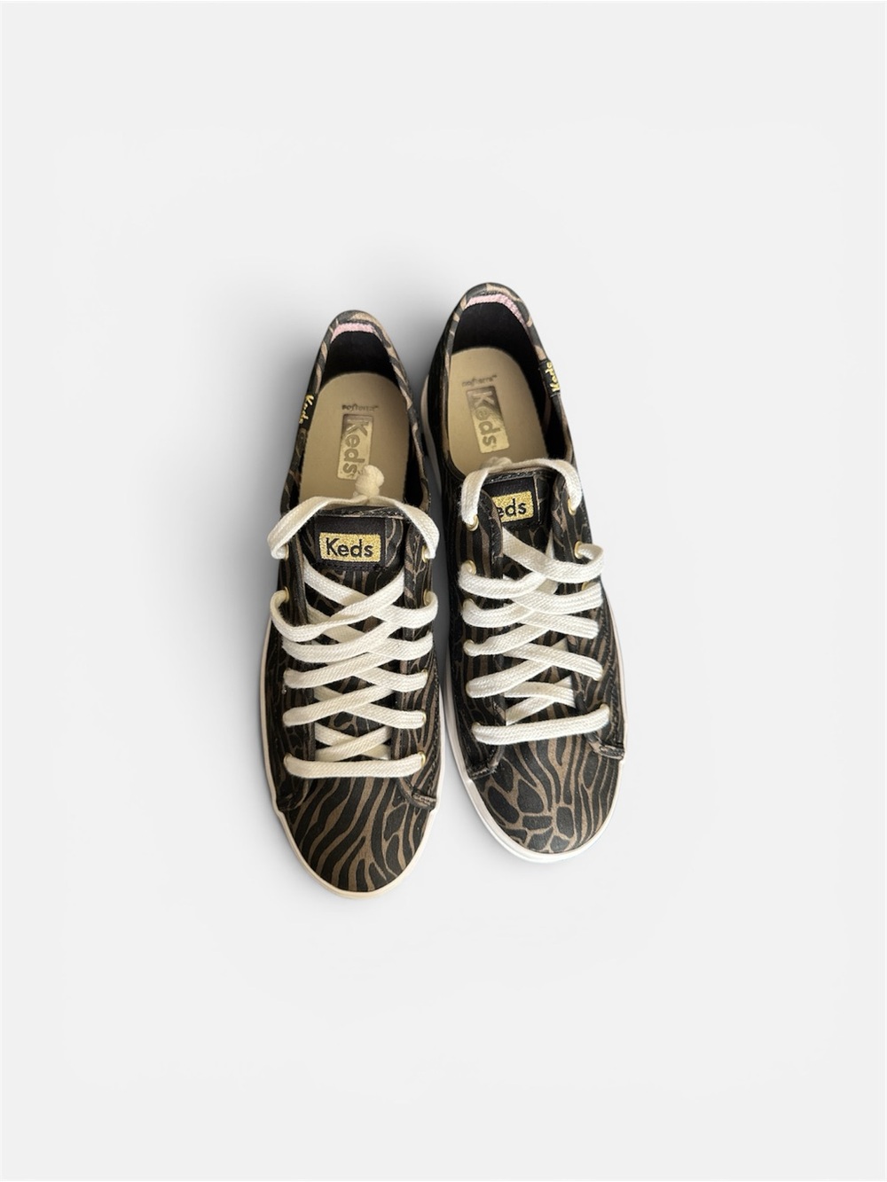 Keds Black Sneakers with Tan Zebra Pattern and White Laces
